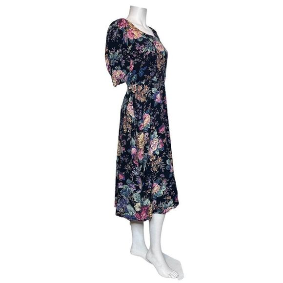 VTG 90s PASSPORTS PIER 1 IMPORTS Midi Rayon Dress L Floral Print Cottagecore - Picture 2 of 10